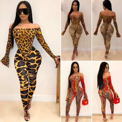 

Fall Women Off Shoulder Long Sleeves Romper Tops Bodycon Jumpsuit Pants Set 2pcs