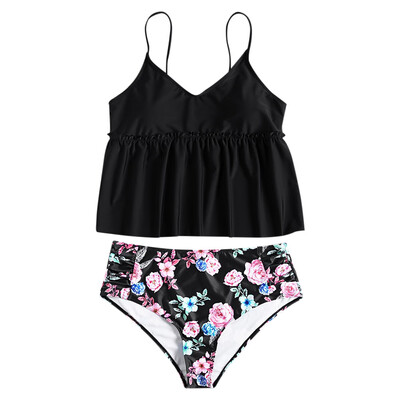 

Plus Size Tankini Spaghetti Strap Ruffled Floral Print High Waist Wire Free Two Piece Swimwear