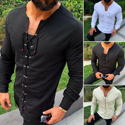 

Mens Cotton Linen Long Sleeve Shirt Muscle Slim Casual V Neck Shirts Blouse Tops