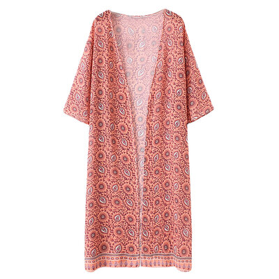 

Fashion Women Long Beach Cover Up Chiffon Kimono Allover Print Front Open Loose Long Thin Coat Orange