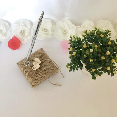

Wedding Signing Pen Vintage Burlap Pen Holder with Stand Wooden Hearts Wedding Bridal Engagement Decoration Supplies