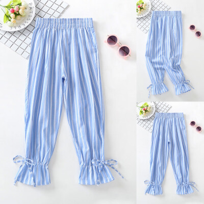 

Children Kid Girls Stripe Bandage Cotton And Linen Long Pants Casual Trousers