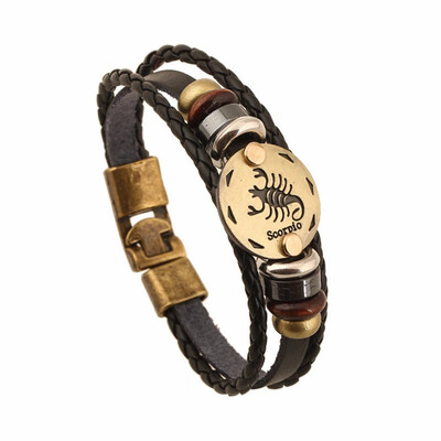 

Fashionable Bronze Alloy Buckles Zodiac Signs Bracelet Punk Leather Bracelet Wooden Bead & Black Hematite Lover Charm Jewelry