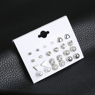 

2019 New Fashion 12 pair set Women Square Crystal Heart Stud Earrings for Women Piercing Simulated Pearl Flower Earrings