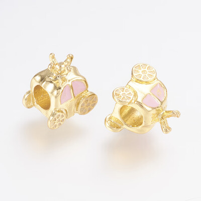 

Alloy Enamel European Beads Large Hole Beads Pumpkin Carriage Golden Pink 11x10x8mm Hole 4mm