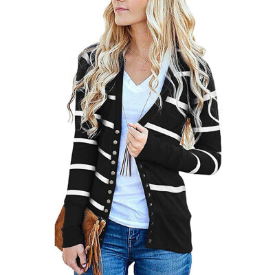 

Tailored Womens V Neck Button Down Stripe Long Sleeve Soft Striped Cardigan Tops