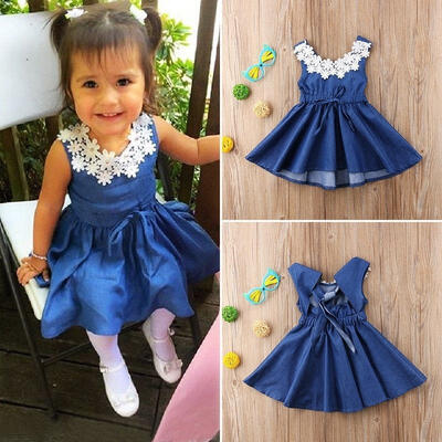 

Floral Kids Baby Girls Summer Lace Denim Princess Party Pageant Dress Sundress