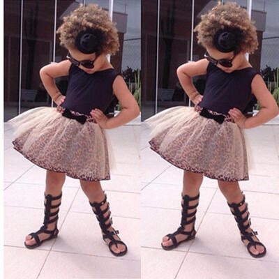 

Kid Baby Girl Sleeveless Round Collar TopLeopar Lace Dress 2Pcs Suit Outfit Set
