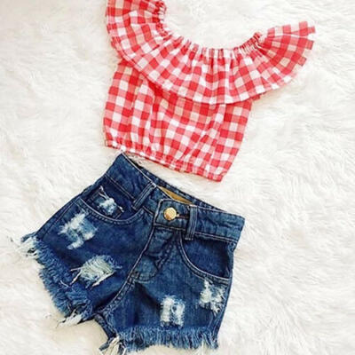 

2PCS Toddler Kids Baby Girls Outfits Clothes Plaids TopsDenim Shorts Jeans Set