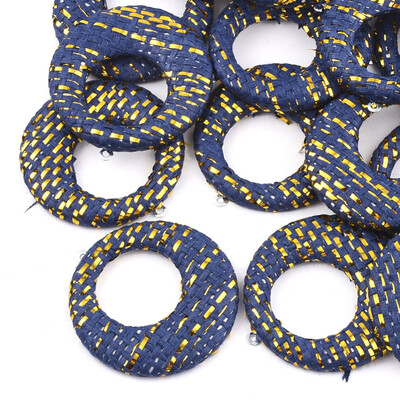 

Handmade Raffia Woven Pendants with Iron & Aluminum Findings&Metallic Cord Flat Round Platinum DarkBlue 435x405x5mm Ho