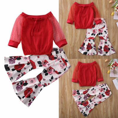 

UK Sweet Girl Baby Kid Off Shoulder Lace Sleeve Tops Floral Flares Pants Clothes