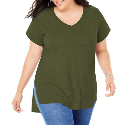 

Roseonmyhand Womens Plus Size Casual Short Sleeve Shirt V-neck Loose Slit Shirt T-shirt