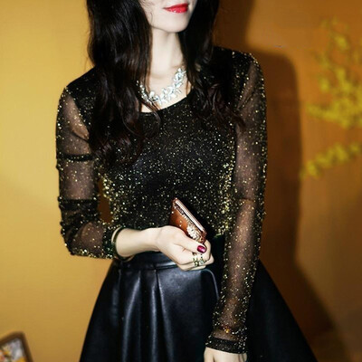 

Starmoon Women Sexy Hollow Out Mesh Blouse Long Sleeve Shining Elegant Shirt Tops