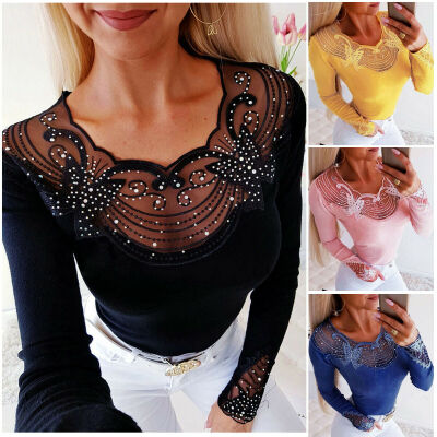 

Womens Sexy Lace Sequins Blouse V Neck T-Shirt Long Sleeve Slim Fit Tops