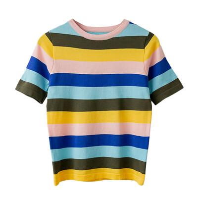 

New T Shirt Women Rainbow Striped Tops 2019 Summer Sweet Short Sleeve Korean Thin Knitted Tops