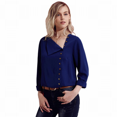 

Solid color lapel asymmetric button long sleeve casual white collar blouse top