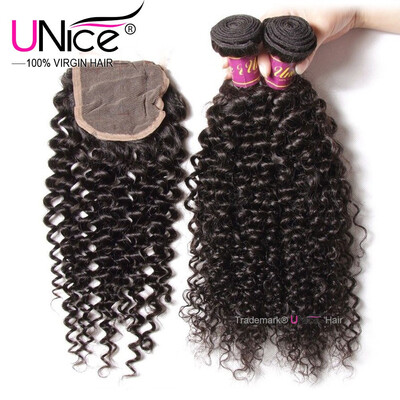 

UNice Hair Extensions 8A Malaysian Curly Human Hair Bundles with Closure