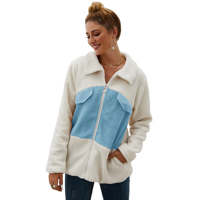 

Women Autumn Winter Velvet Color Stitching Zipper Lapel Warm Loose Plush Long Sleeved Wild Casual Tops