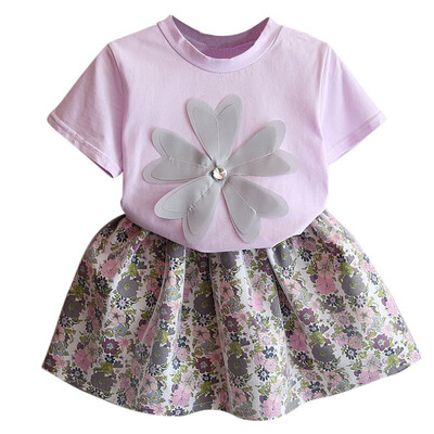 

Kozart Children Girls Casual Summer Flower Print Short Sleeve T-shirtFloral Skirts Suits 2Pcs Costume Set Princess Dress