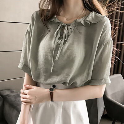 

Womens Simple Tops Casual V Neck Solid Color Short Sleeve Lace Up Cotton & Linen T-Shirt Linen Short Sleeve T-Shirt