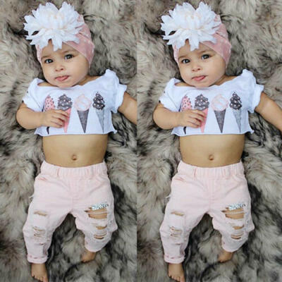 

Toddler Kids Baby Girls Clothes Short Sleeve Top T-Shirt Ripped Jeans Outfit Set