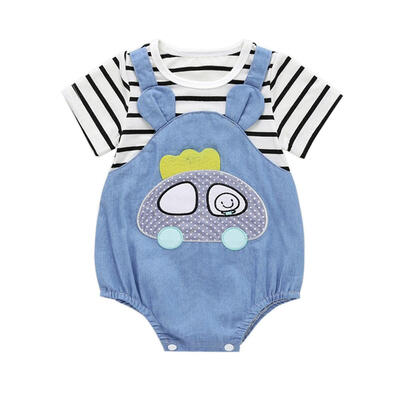 

Fake 2pcs Infant Baby Strips Rompers Short Sleeve Cute Denim Kids Jumpsuit