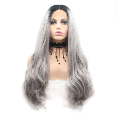 

Amazing Star Lace Frontal Wigs Long Wavy Hair Silver Gray Color Heat Resistant Half Hand Tied Lace Frontal Synthetic Hair Wigs