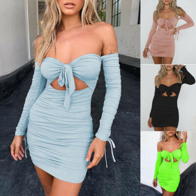 

Women Sexy Bodycon Long Sleeve Hollow Out Solid Clubwear Party Casual Mini Dress
