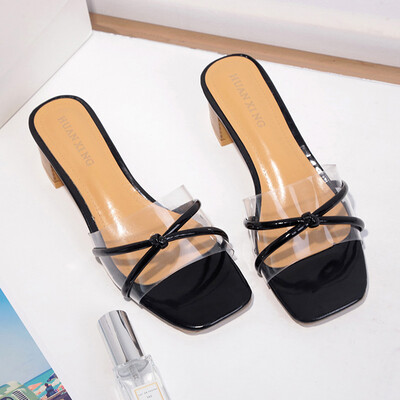 

Sandals Female Summer Korean Version 100 Sets of Transparent High-heeled Cross Students Open-toed Medium-heeled Sandals