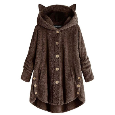 

2019 Autumn Winter Button Hooded Cat Ear Plush Top Irregular Solid color Long sleeve Coat