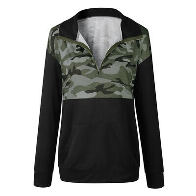 

Women Sweatshirt Splicing Color Zipper V Neck Casual Slim Fit Pullover Tops