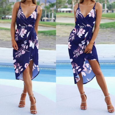 

Womens Summer Beach Strappy Dress Boho Floral V-neck Sundress Holiday Clothes