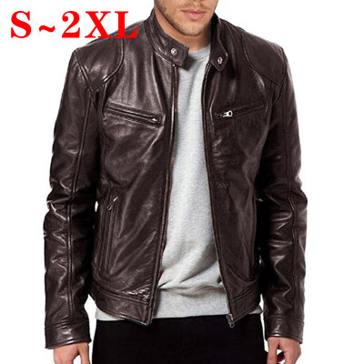 

Men Long Sleeve Stand Collar Leather Jacket Motorcycle Zipper Pocket Rider Coat