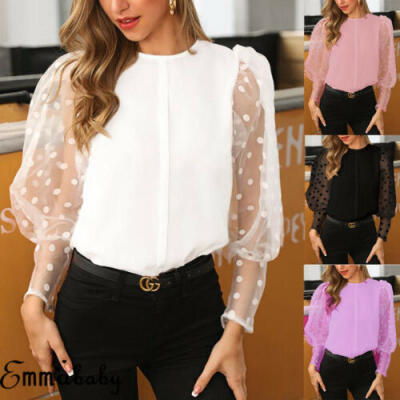 

US Womens Summer Mesh Sheer Puff Long Sleeve Top Shirts Polka Dot Blouse T-Shirt