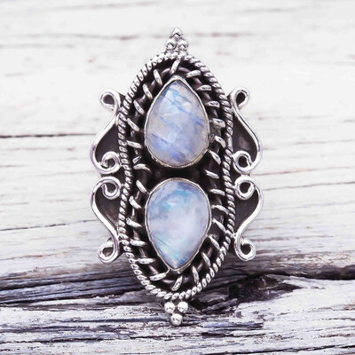 

Natural Drop shape Moonstone Rings 925 Silver Womens Ring