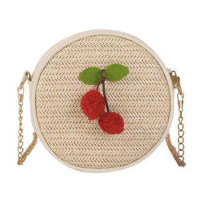 

Straw Woven Cherry Round Shoulder Handbags Women Chain Small Crossbody Bags