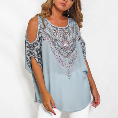 

Starmoon Womens Casual O-Neck Retro Print Off-Shoulder Half Sleeve T-Shirt Top