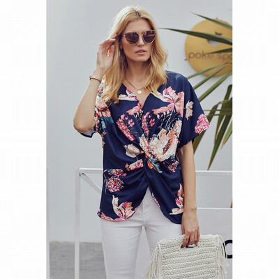 

Bohemian printed shirt Womens V-neck loose knotted shirt