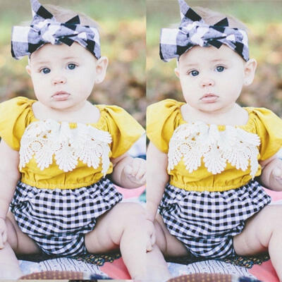 

Baby Kid Girls Grid Lace Splicing Playsuit Fly Sleeve Tassel Outfit Romper 0-24M