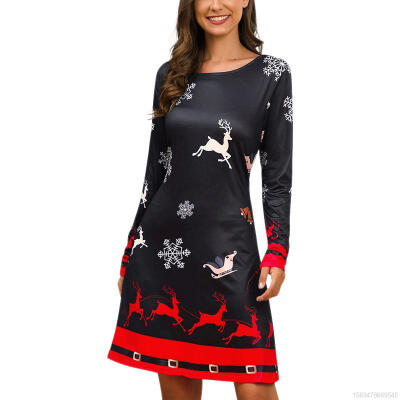 

Round Neck Long Sleeve Christmas Cartoon Print Loose Casual Dress