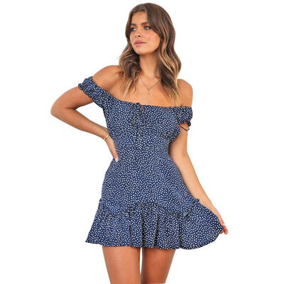 

Floral Print Pleated Dress Women Off Shoulder High Waist Tunic Dresses