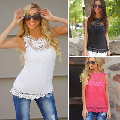 

Fashion Women Summer Loose Casual Chiffon Sleeveless Lace Sheer Vest Shirt Tops Blouse Ladies Top