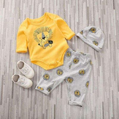 

US Autumn Kids Baby Boy Lion Print Long Sleeve Romper Pants Hat Casual Clothes