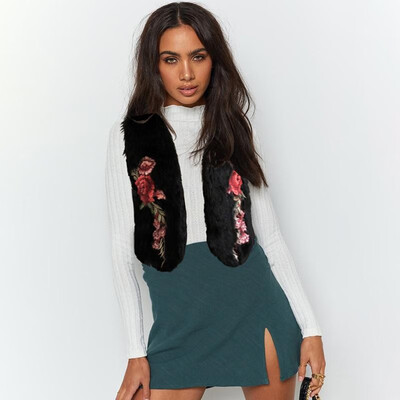 

Women Vest Shaggy Faux Fur Colorful Floral Embroidery V Neckline Sleeveless Casual Jacket Streetwear