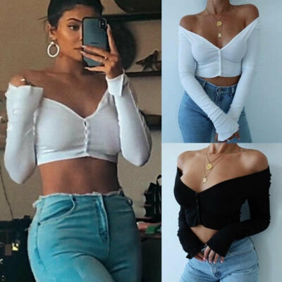 

Autumn Women V-Neck Off Shoulder Long Sleeve Club Crop Top Casual T Shirt Blouse