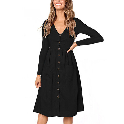 

Women\ Fashion V-Neck Button Versatile Pocket Long Sleeve Dress