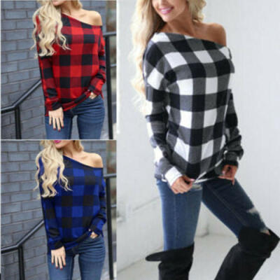 

Women One-Shoulder Sexy Plaid Tops Long Sleeve Shirt Casual Blouse Loose T-shirt