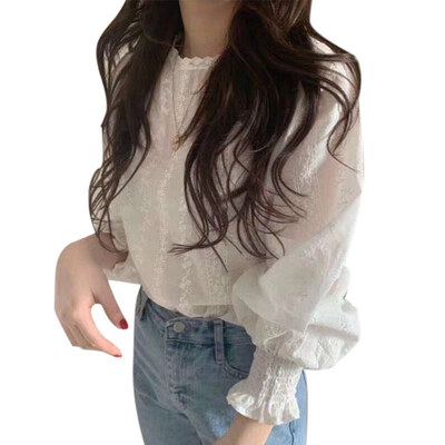 

Sweet Women Chiffon Round Neck Summer Solid Color Lace Long-sleeved Puff Sleeve Lace Bottoming Blouse Casual Tops