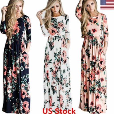 

Women Floral Print Long Sleeve Beach Dress Lady Evening Party Long Maxi Dress US