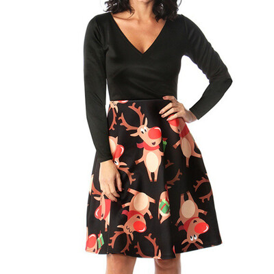 

Tailored Women V-Neck Christmas Printed Long Sleeve Hight Waist Princess Dress